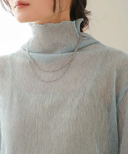 JP透明感🫧 細閃褶間透透高領上衣｜2色入