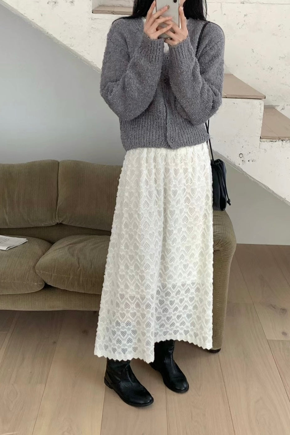 凹凸心形雕紋桃絨長裙｜2色入