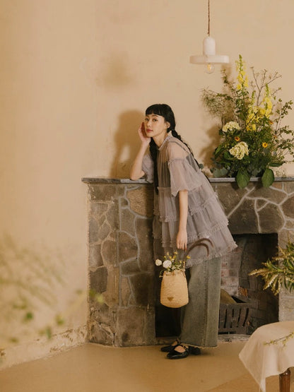 靚重工✨ 澎袖透紗蛋糕娃娃裙罩衫｜2色入