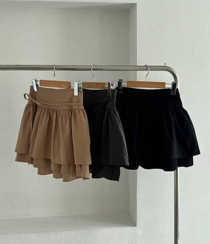 側綁蝴蝶結雙層荷葉短裙｜3色入