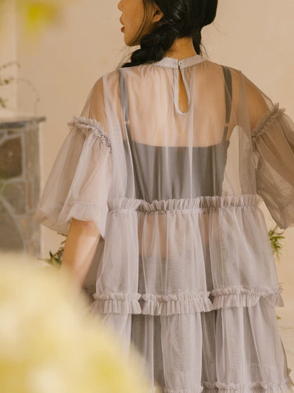 靚重工✨ 澎袖透紗蛋糕娃娃裙罩衫｜2色入