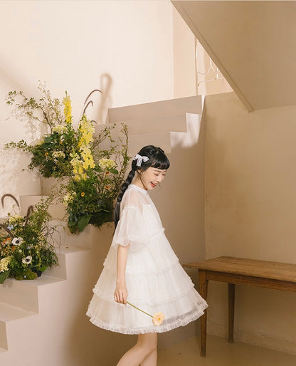 靚重工✨ 澎袖透紗蛋糕娃娃裙罩衫｜2色入