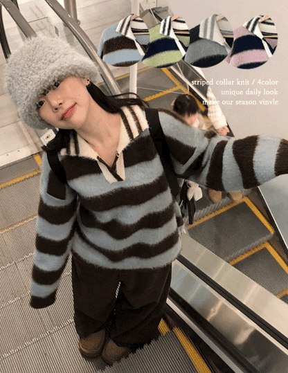 滑滑Fluffy • Stripe Collar Knit | 4色入