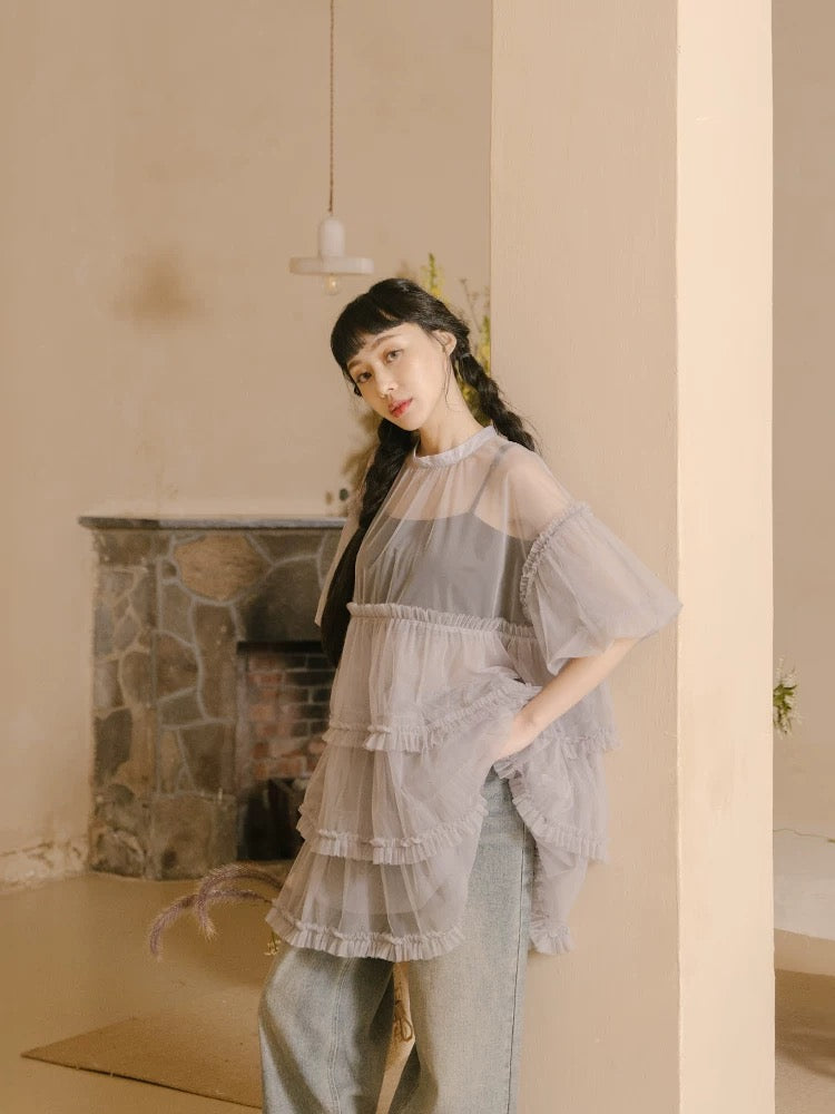 靚重工✨ 澎袖透紗蛋糕娃娃裙罩衫｜2色入