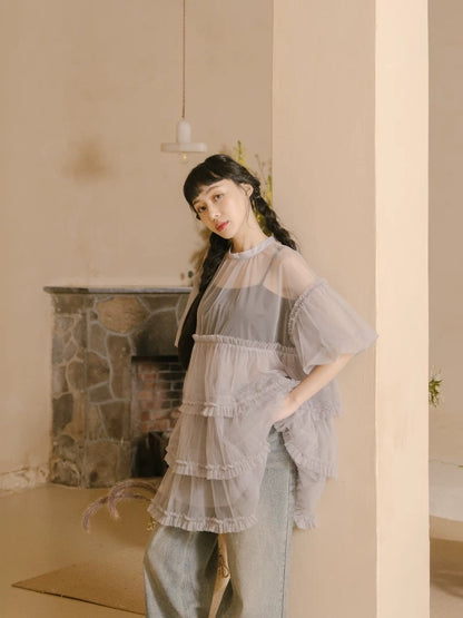 靚重工✨ 澎袖透紗蛋糕娃娃裙罩衫｜2色入