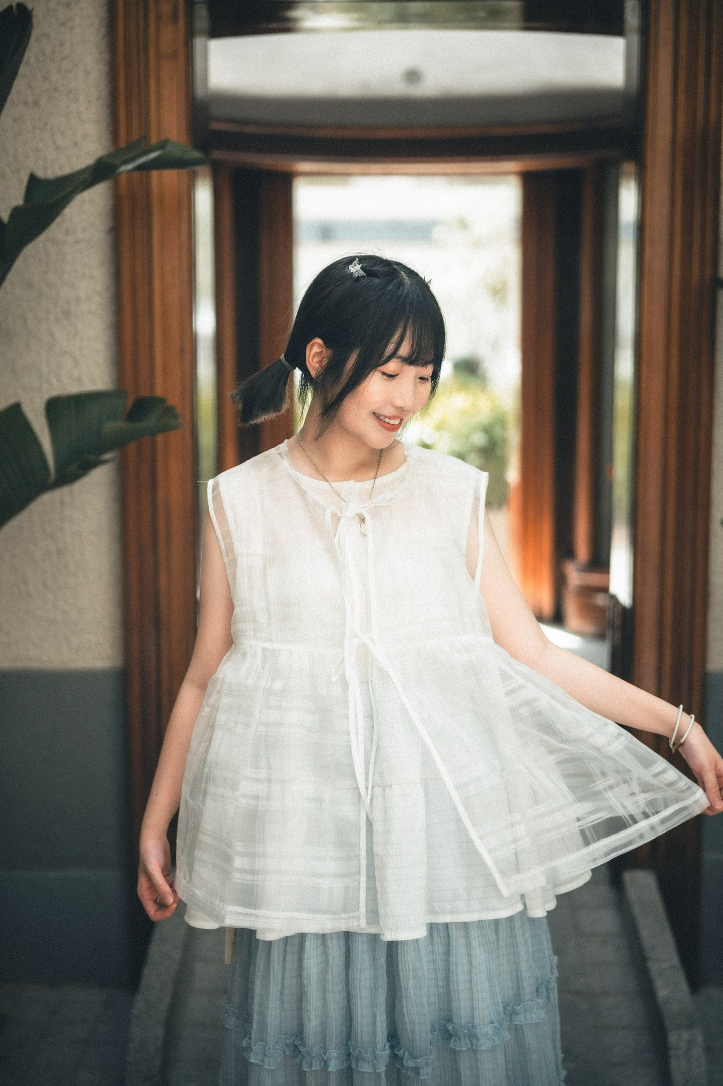 透紗珠光大格子紋背心layer｜3色入