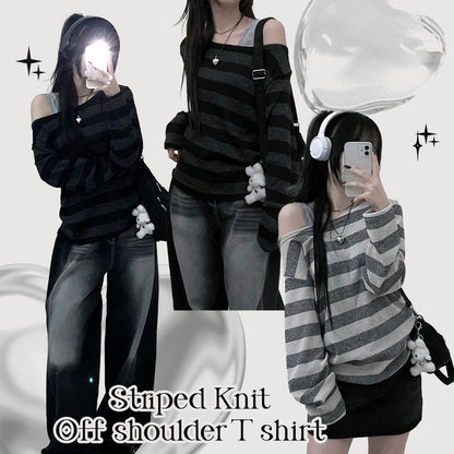 Striped Off Shoulder Knitwear Long Sleeve T-Shirt｜2色入