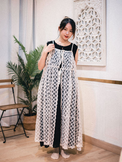 透膚菱格點點緹花綁帶OPS｜2色入