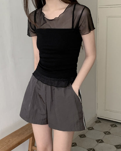 透膚捲邊上衣連內搭背心set｜3色入