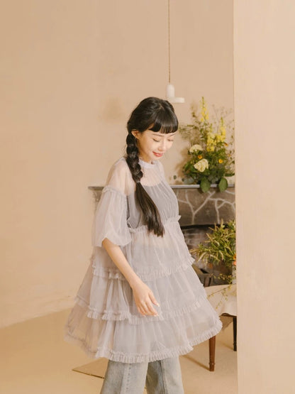 靚重工✨ 澎袖透紗蛋糕娃娃裙罩衫｜2色入