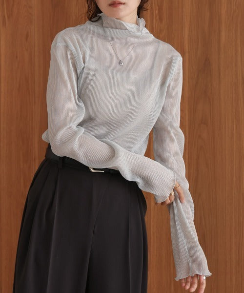 JP透明感🫧 細閃褶間透透高領上衣｜2色入