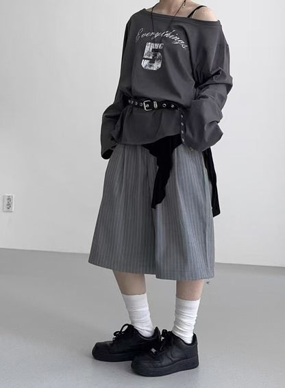 直條子六分西裝褲（連皮帶）｜2色入