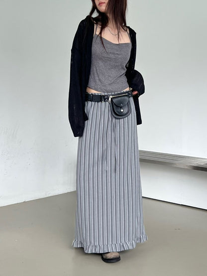 顯瘦直條紋後分岔半裙｜2色入
