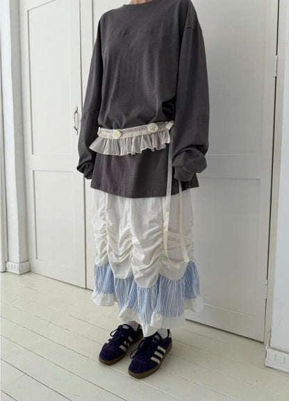 日系🤍 抽褶設計拼接直間花邊半裙｜2色入