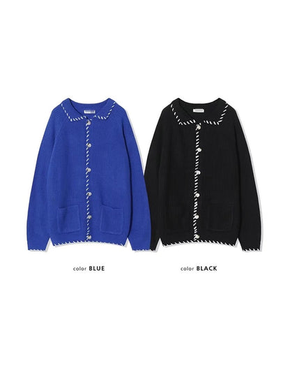 白色粗車線反領針織外套｜2色入