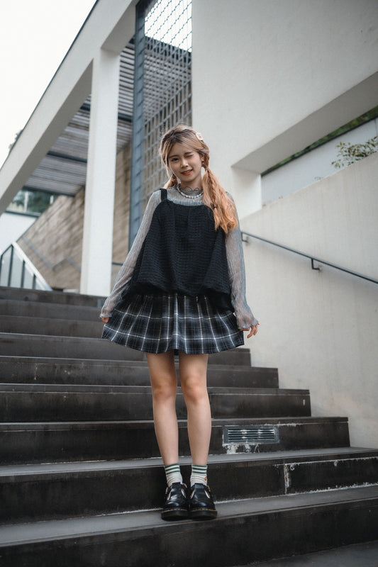 英式格子蝴蝶結薄絨面短裙｜2色入