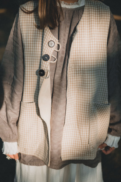兩面穿QQ格仔鈕扣馬甲｜2色入