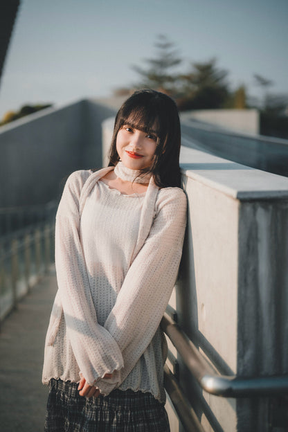 LOOSE FIT薄針織上衣 連圍巾set｜3色入