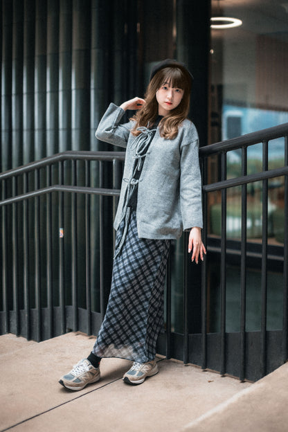 法式半透紗斜格紋半身裙｜2色入