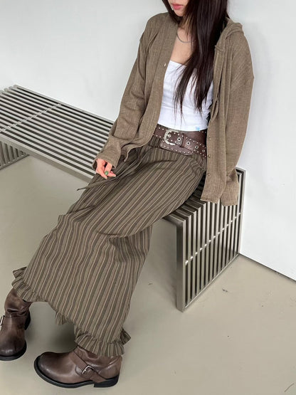 顯瘦直條紋後分岔半裙｜2色入