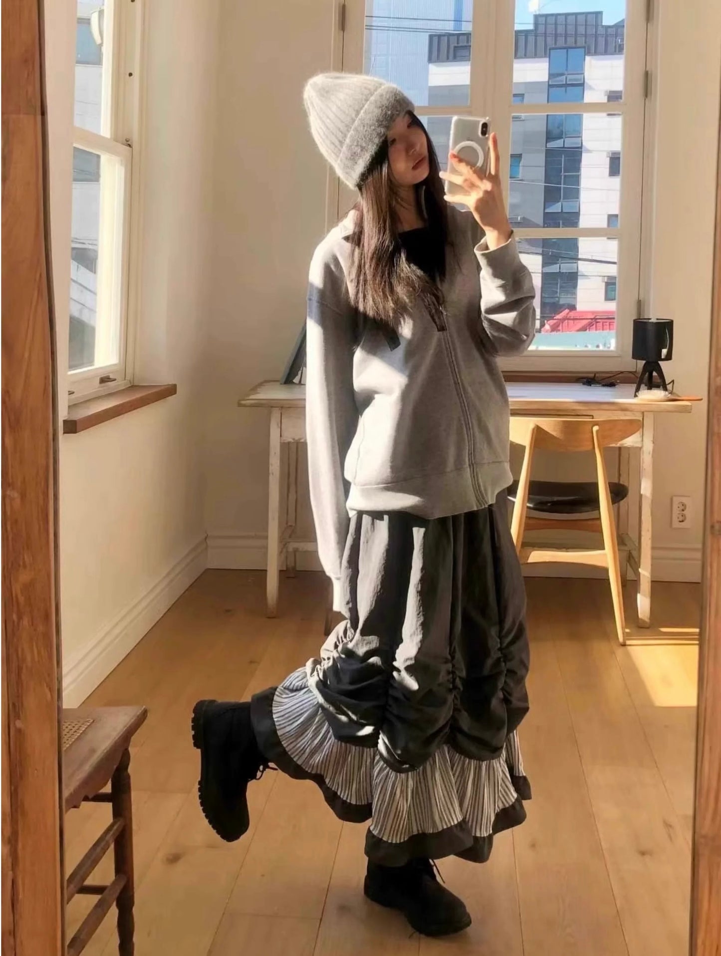 日系🤍 抽褶設計拼接直間花邊半裙｜2色入