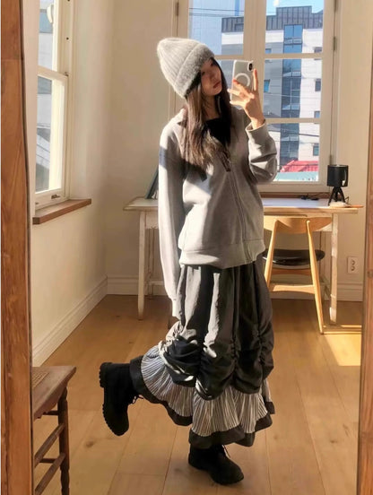 日系🤍 抽褶設計拼接直間花邊半裙｜2色入