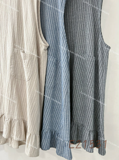 文青風👩🏻‍🎨 棉麻直紋明袋Ruffle背心外搭｜3色入