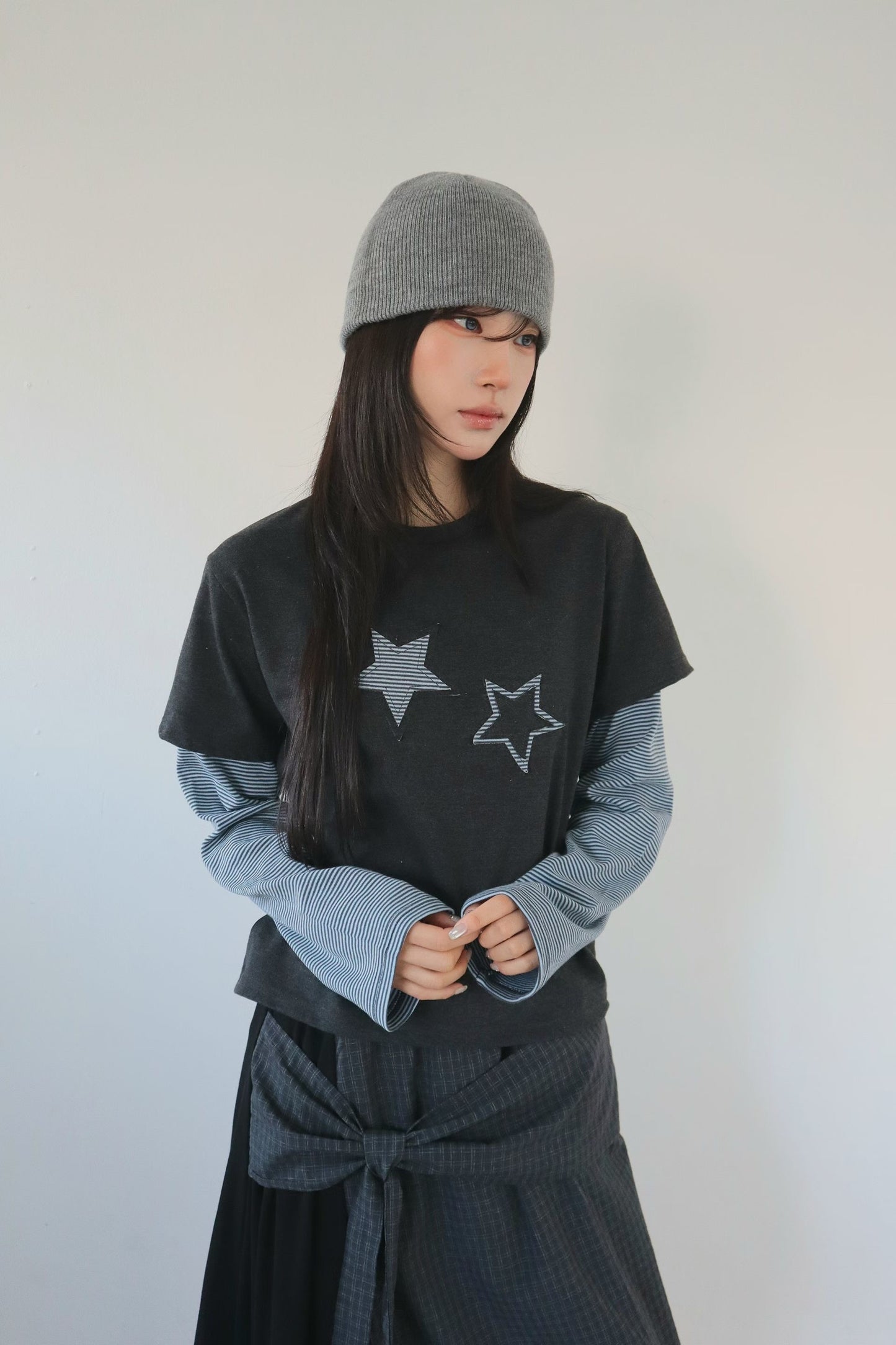 間條星星假兩件拼袖TEE｜3色入