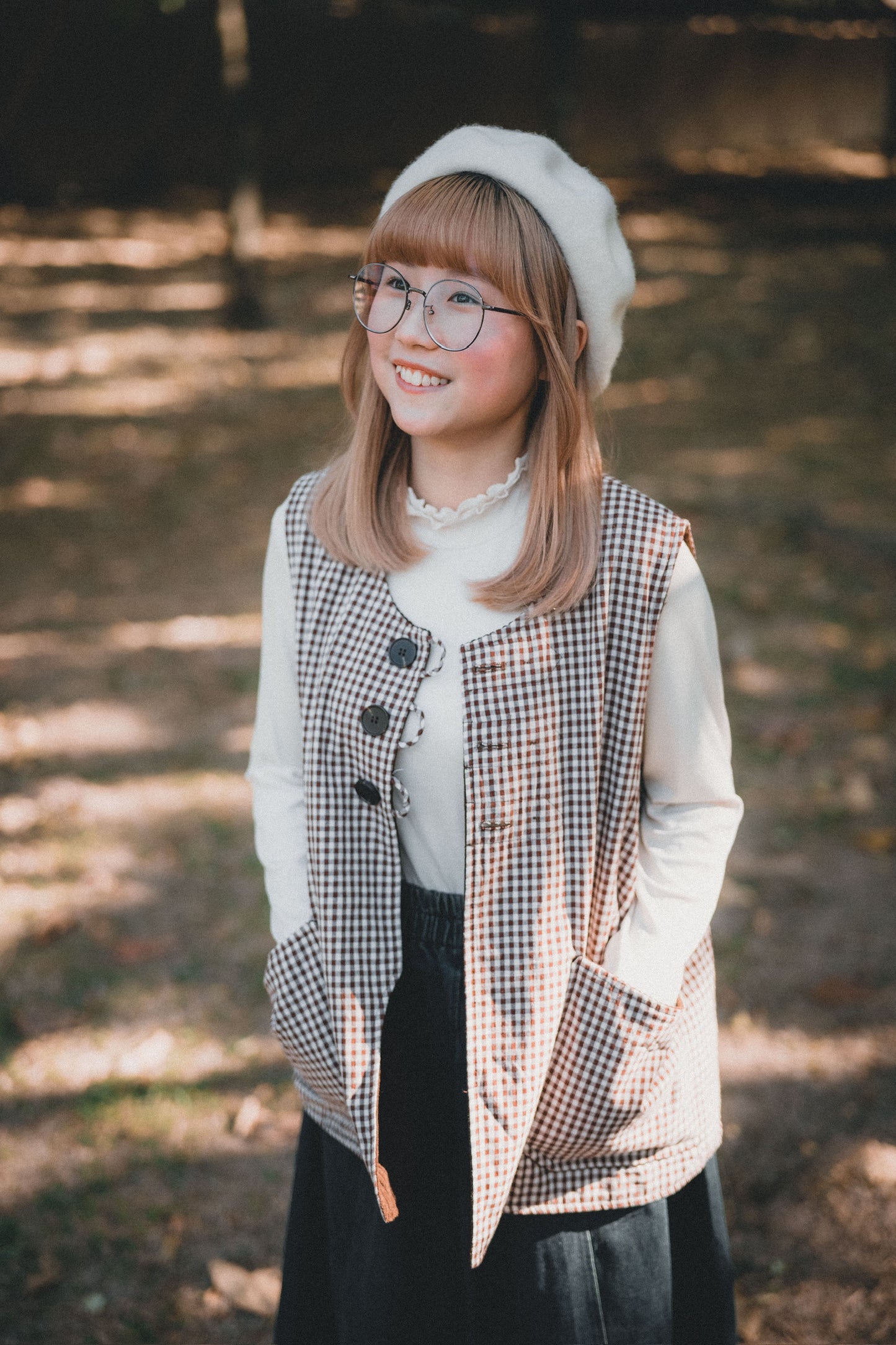 兩面穿QQ格仔鈕扣馬甲｜2色入