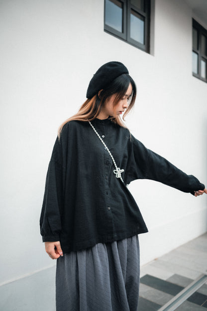 百搭易襯！圓領粒粒格紋襯衫｜3色入