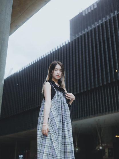 日系雜混色格紋吊帶OPS｜2色入