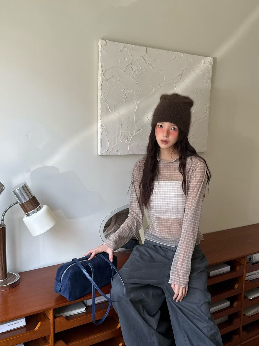 透膚格紋合身花邊top｜4色入