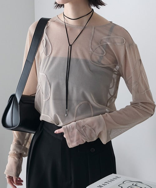 jp🇯🇵 立體線條刺繡透明長袖top｜8色入