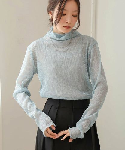 JP透明感🫧 細閃褶間透透高領上衣｜2色入