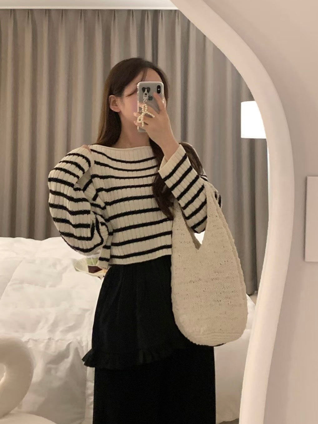 寬領口橫紋針織上衣｜4色入