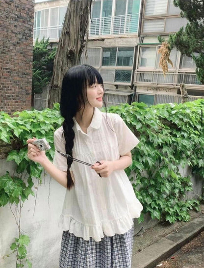 少女娃娃領荷葉邊襯衫｜2色入