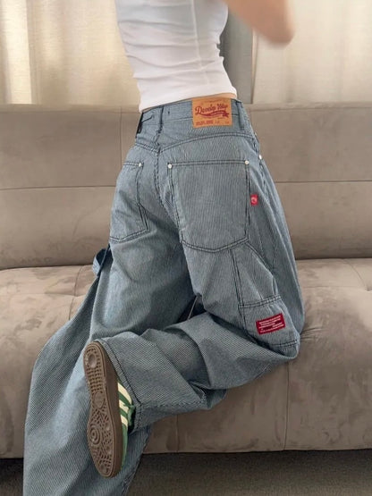 直條子工裝闊腳牛仔氣球褲｜1色入