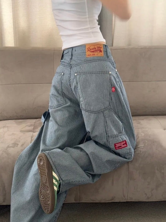 直條子工裝闊腳牛仔氣球褲｜1色入