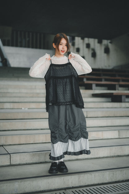 日系🤍 抽褶設計拼接直間花邊半裙｜2色入