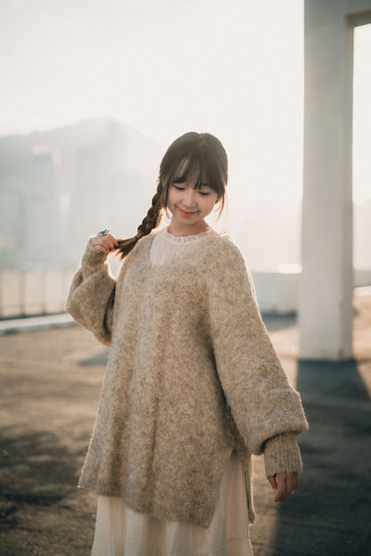 羊毛混紡V領針織上衣｜3色入