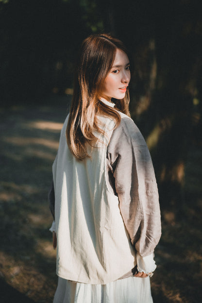 棉麻壓摺泡泡袖上衣｜3色入