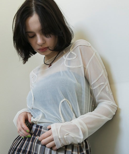 jp🇯🇵 立體線條刺繡透明長袖top｜8色入