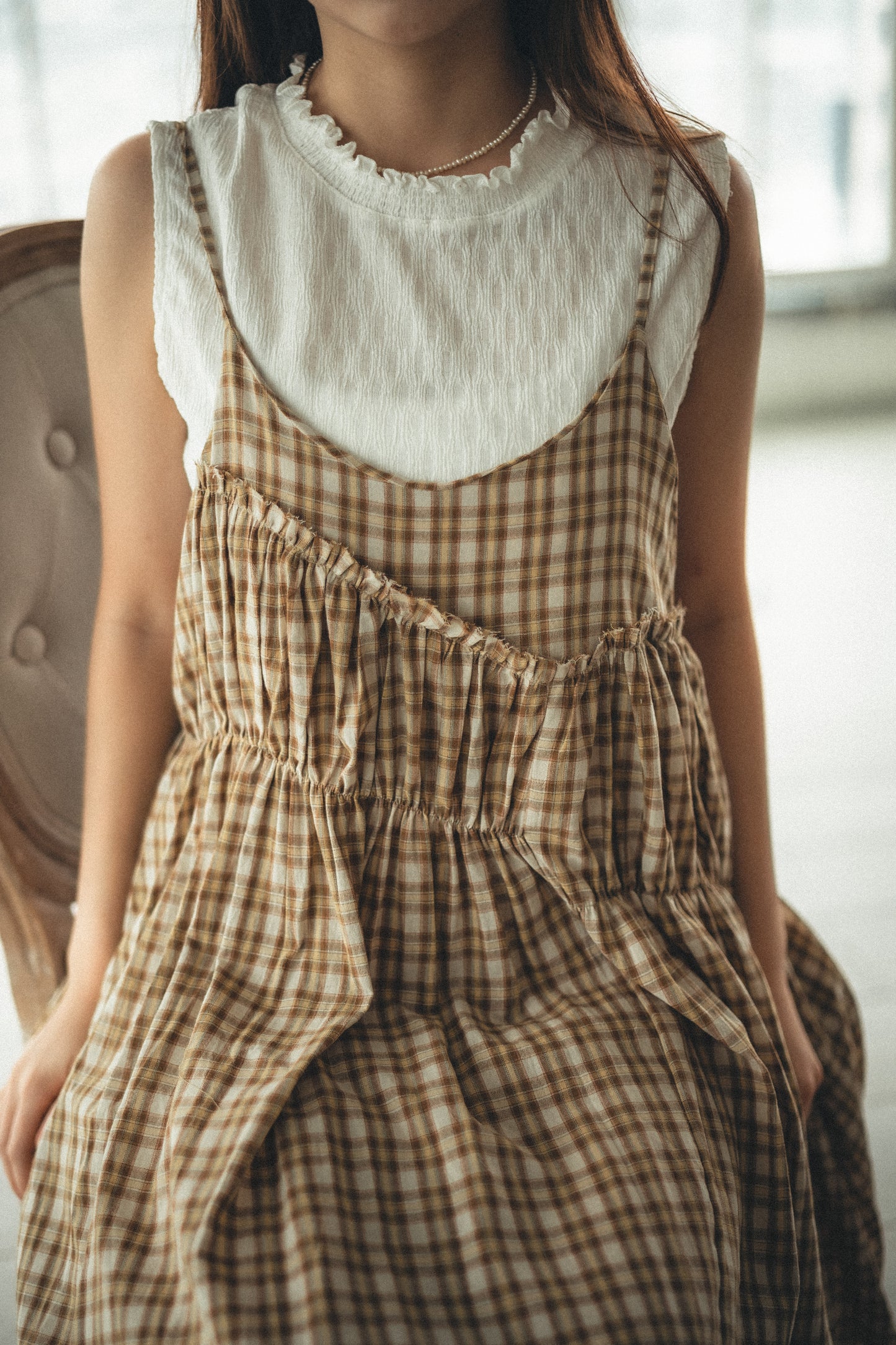 夏季色系🍬格子斜ruffle吊帶ops｜3色入