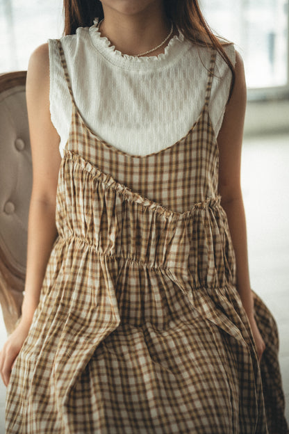夏季色系🍬格子斜ruffle吊帶ops｜3色入