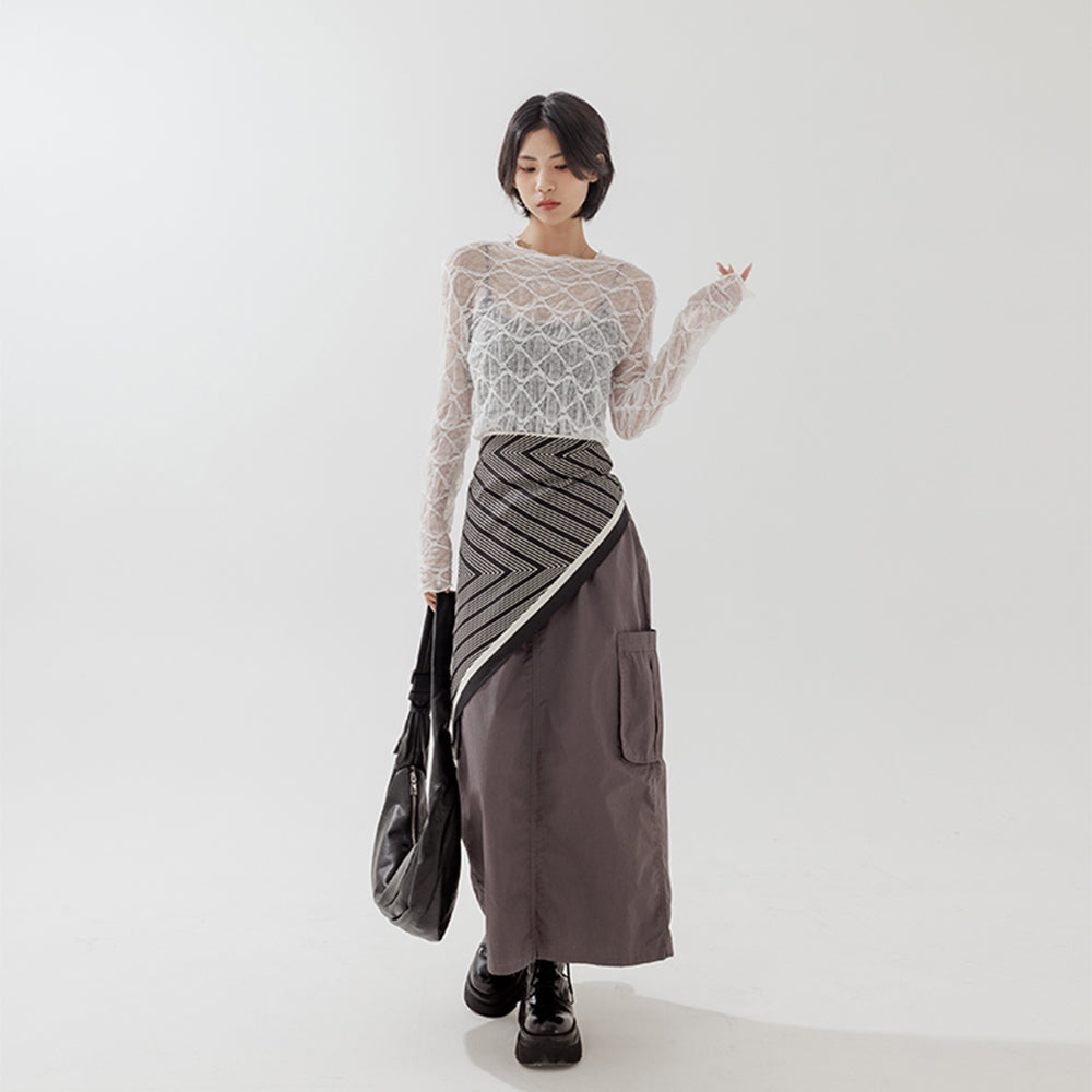 菱格紋蕾絲造型透膚上衣｜2色入