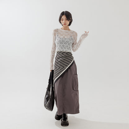 菱格紋蕾絲造型透膚上衣｜2色入