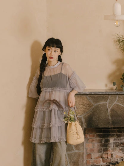 靚重工✨ 澎袖透紗蛋糕娃娃裙罩衫｜2色入