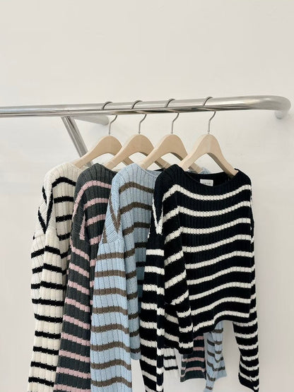 寬領口橫紋針織上衣｜4色入