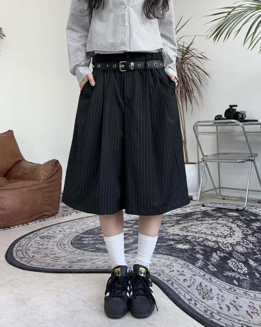 直條子六分西裝褲（連皮帶）｜2色入