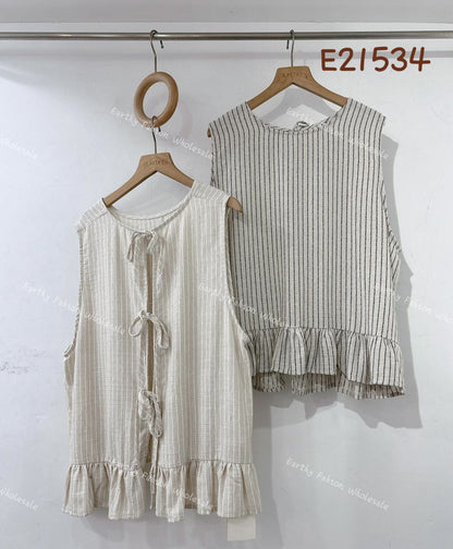 無印風 · 麻質2WAY直紋綁帶背心外搭｜2色入